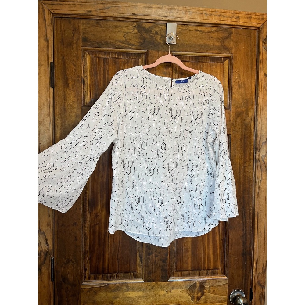 Apt‎ 9 Womens White Black Geometric Print Bell Sleeve Blouse Top Size Medium